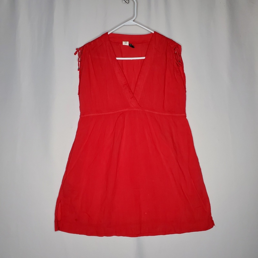 Lauren RL Swim Cover Up Dress Large Red Tie Mini Gauze Pocket Ruched Shoulder